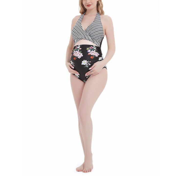 Striped Printed Cross Halter Neck Cutout Pregnancy Swimwear