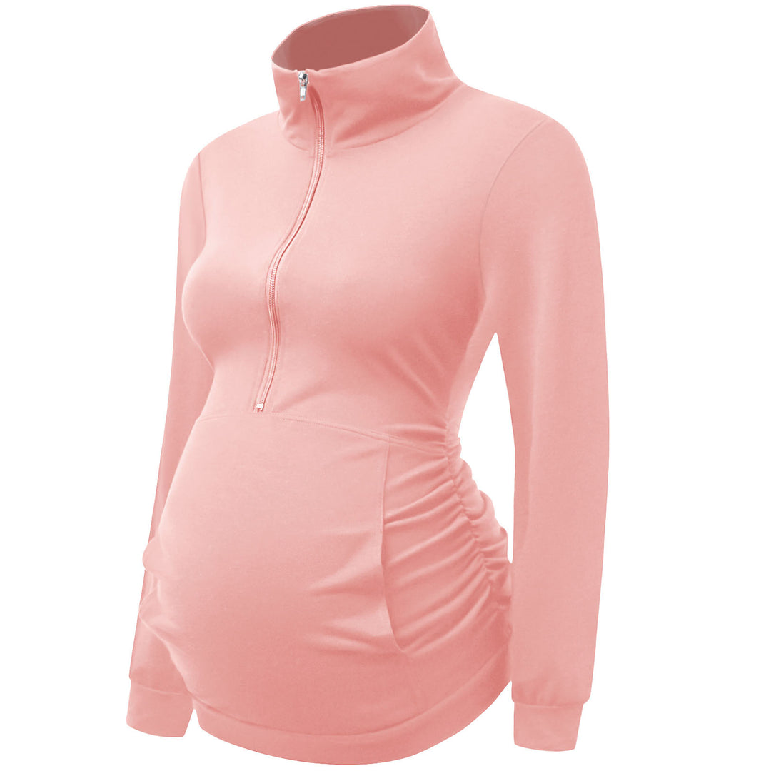 Maternity Front Zipper High Neck Lapel Collar Top with Pockets