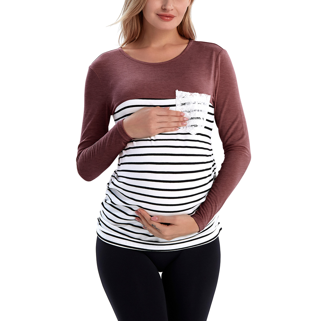 Maternity Long Sleeve Tunic Shirt in Color Block & Striped Pattern with Crochet Pocket
