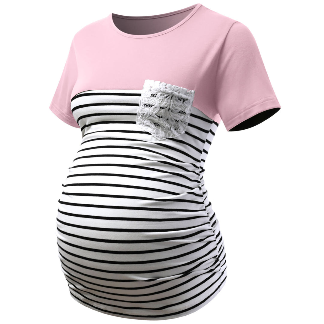 Color Block with Stripes Maternity Short Sleeve Top with Pocket