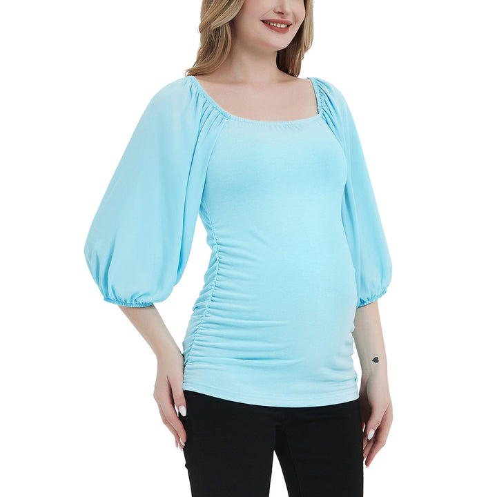 Square Neck Chiffon Puff Sleeve Maternity Blouses with Side Ruched