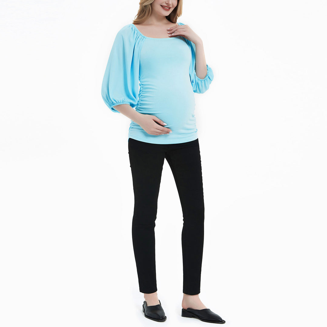 Square Neck Chiffon Puff Sleeve Maternity Blouses with Side Ruched
