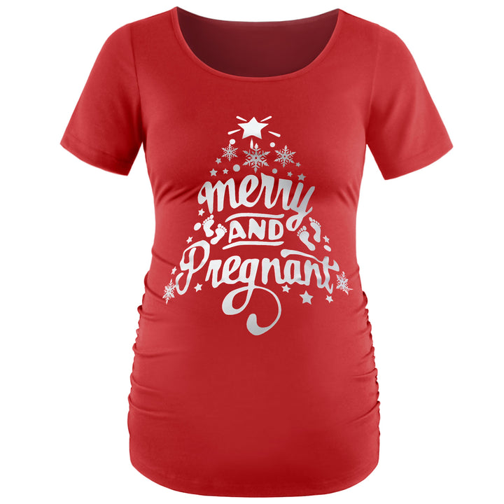 Christmas Short Sleeve Round Neck Maternity Shirts in Sides Ruffles