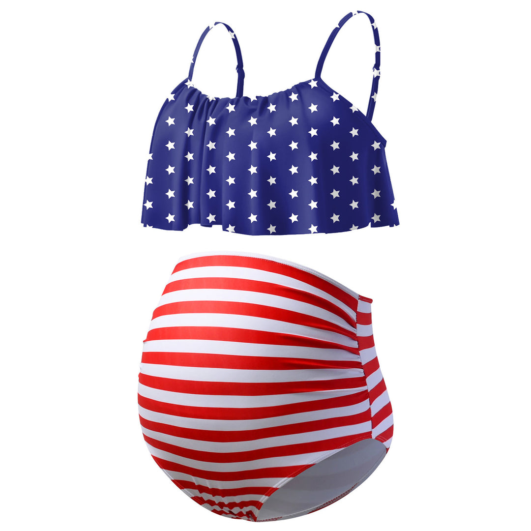 USA Flag Printed Ruffled Two Pieces Maternity Swimwear