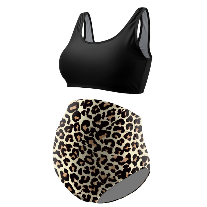 Leopard Pattern Sporty Maternity Swimsuit with Tank Top & High Waist Bottom