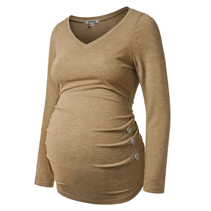 V-Neck Long Sleeve Ruch Sides Buttons T-shirt for Pregnant