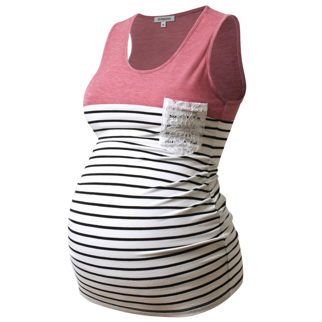 Multicolor Sleeveless Maternity Tank Top with Crochet Pocket