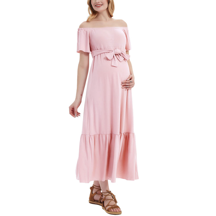 Maternity Off Shoulder Maxi Dress with Tie Front Bowkno for Maternity Photoshoot