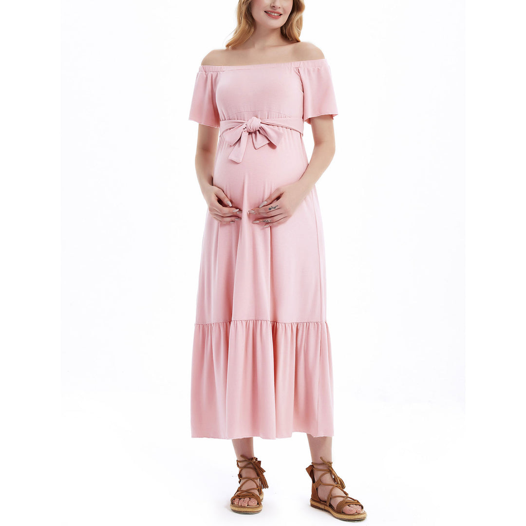 Maternity Off Shoulder Maxi Dress with Tie Front Bowkno for Maternity Photoshoot