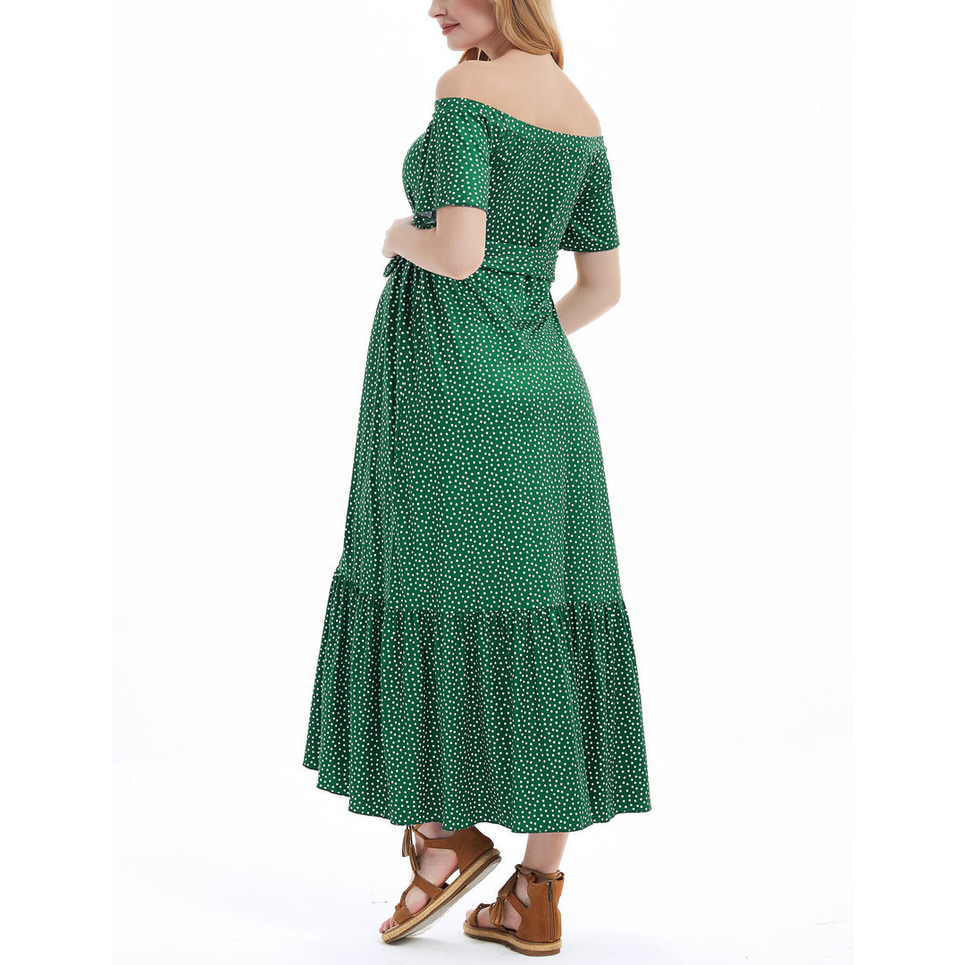 Polka Dots Maxi Maternity Dress in Off Shoulder & Tie Front Bowtie Design
