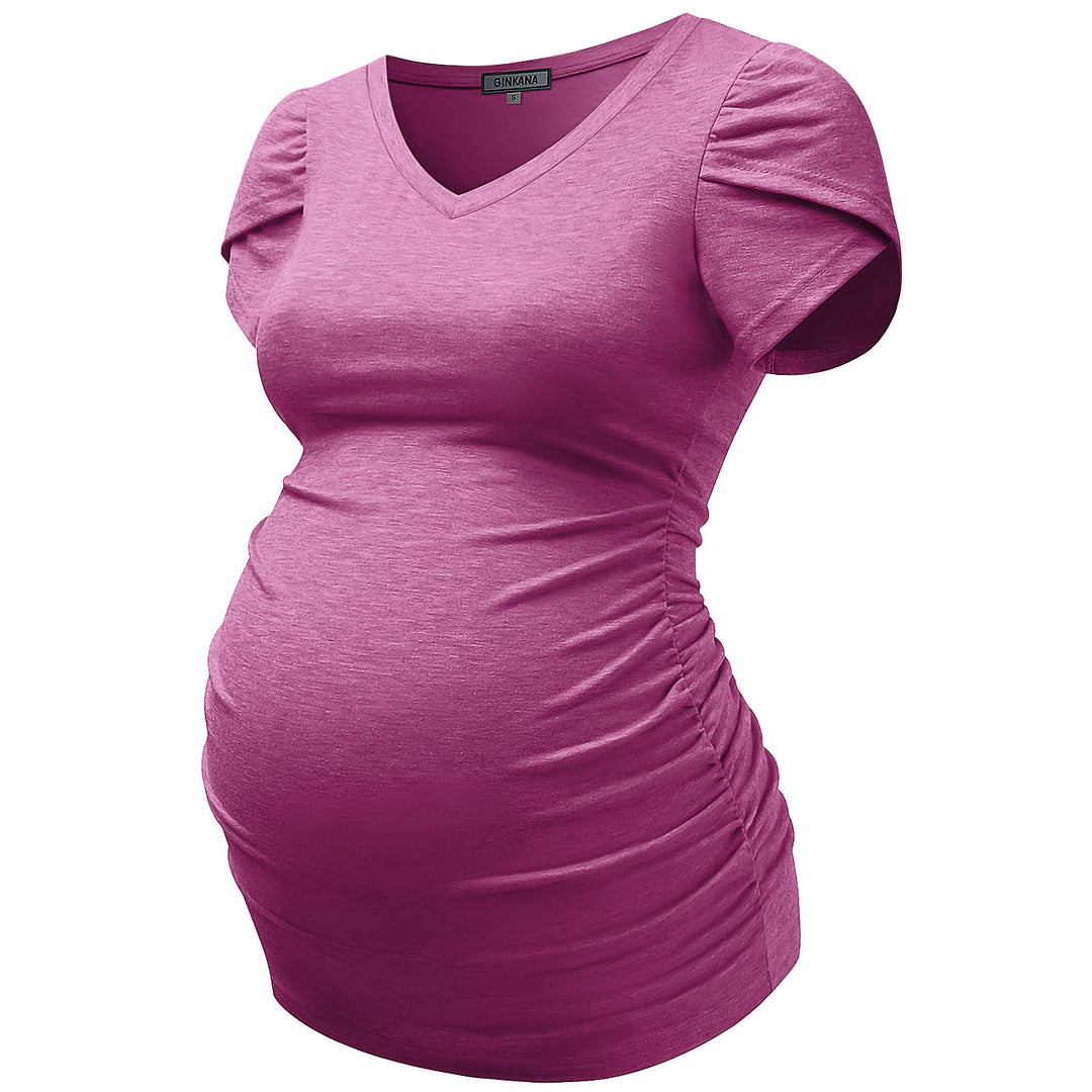 Maternity Petal Sleeve T-shirt in V Neck with Ruched Sides