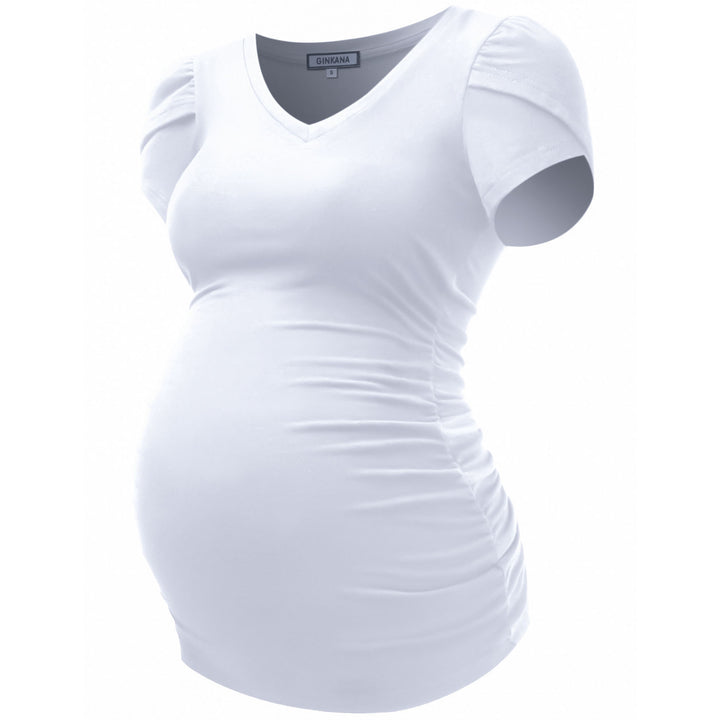 Maternity Petal Sleeve T-shirt in V Neck with Ruched Sides