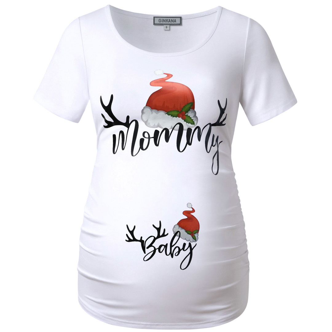 Xmas Style Round Neck Maternity Tops in Short Sleeve