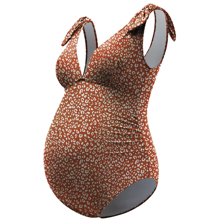 Light Rose Leopard Sleeveless Tie Shoulder Maternity Swimsuit