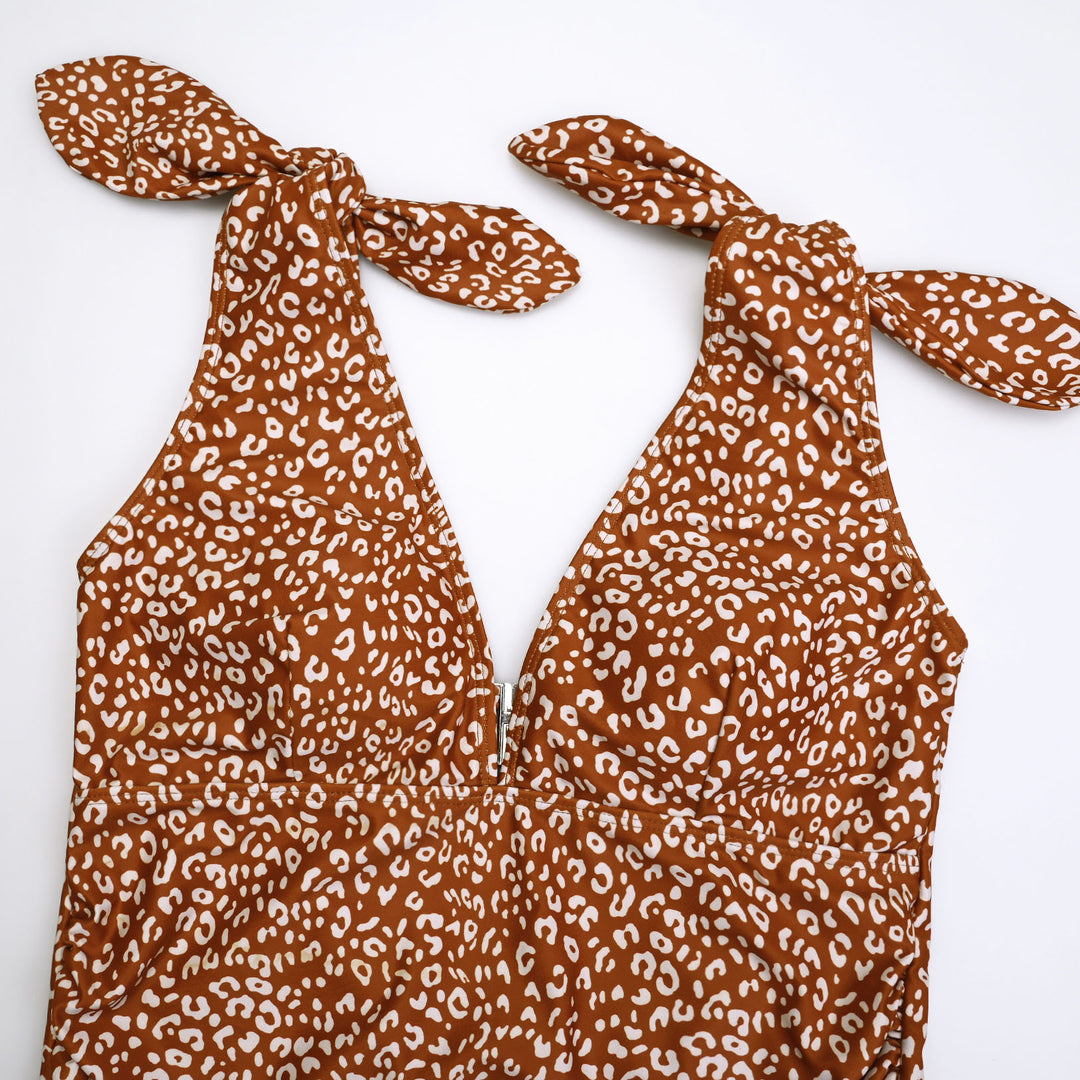 Light Rose Leopard Sleeveless Tie Shoulder Maternity Swimsuit