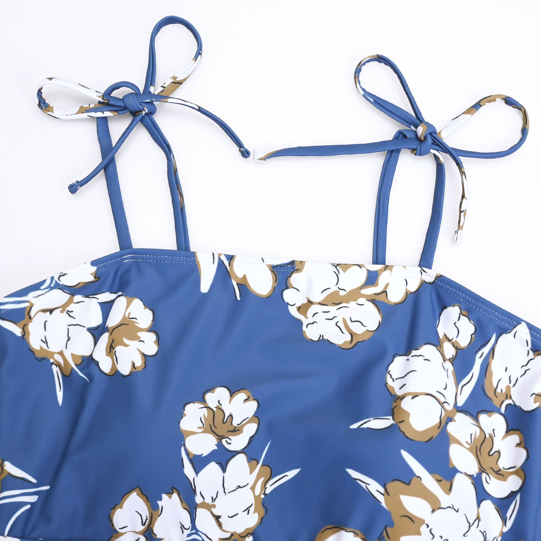 Blue Floral Pattern Tie Strap Maternity One Piece Swim Dress