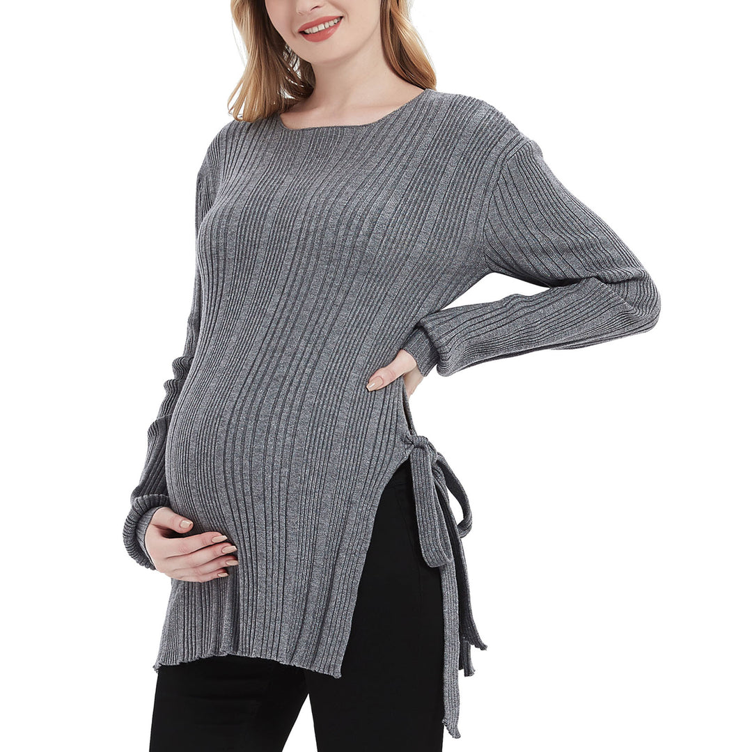 Side Split Tie Knot Long Sleeve Maternity Sweater