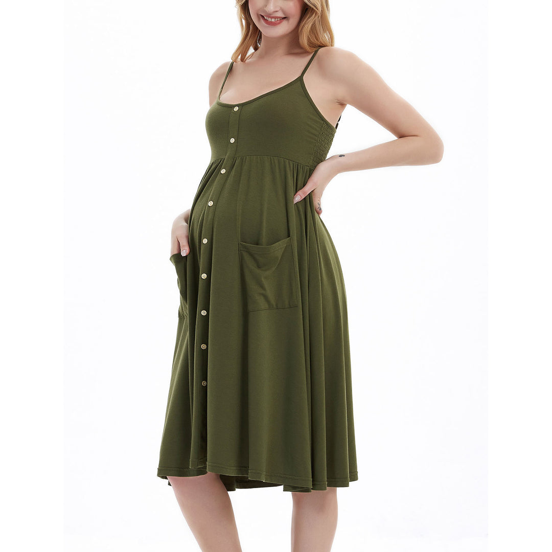 Cute Spaghetti Strap Backless Maternity Dress with Pockets and Buttons