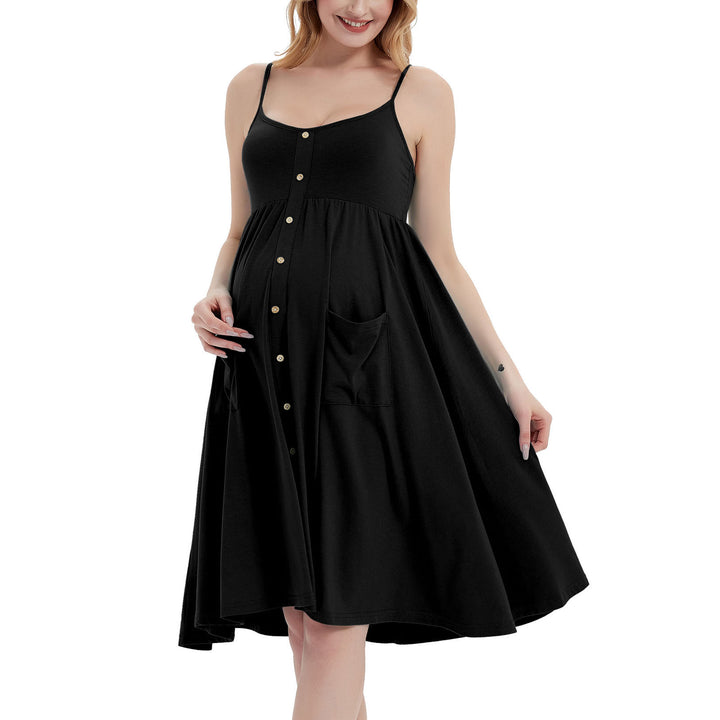 Cute Spaghetti Strap Backless Maternity Dress with Pockets and Buttons