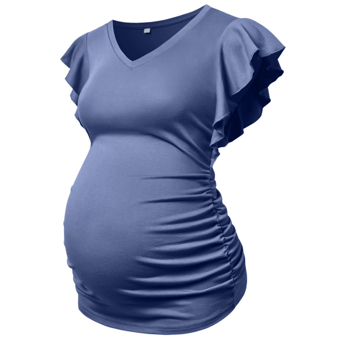 Maternity Pregnancy V Neck Fly Short Sleeve Stylish T Shirt with Side Ruched Top