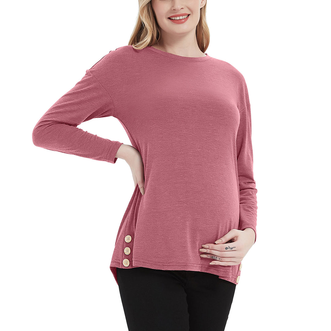 Maternity Long Sleeve Shirt Loose Pregnancy Tunic Top with Buttons