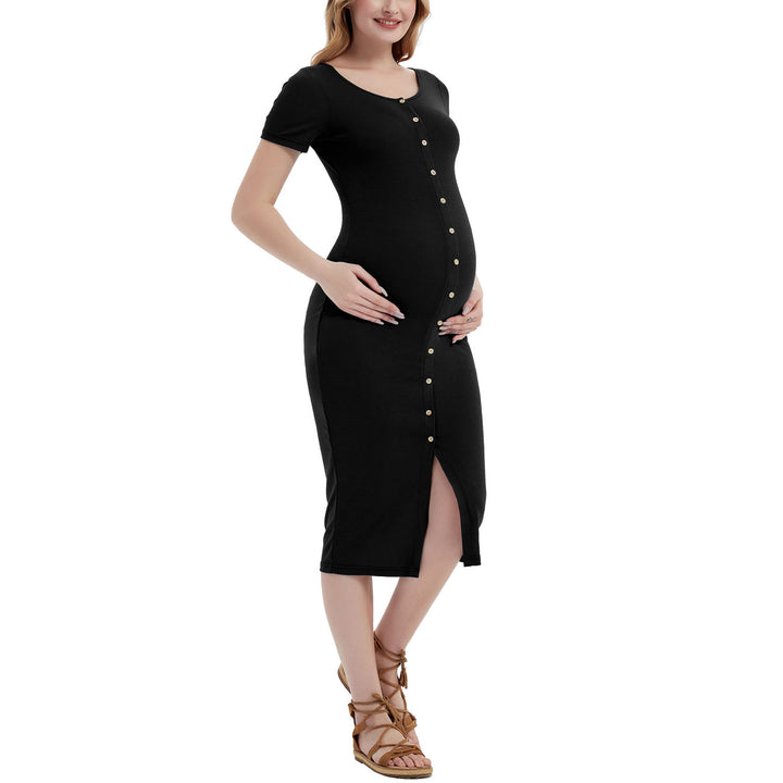 Short Sleeve Front Slit Summer Maternity Dress in Button Down