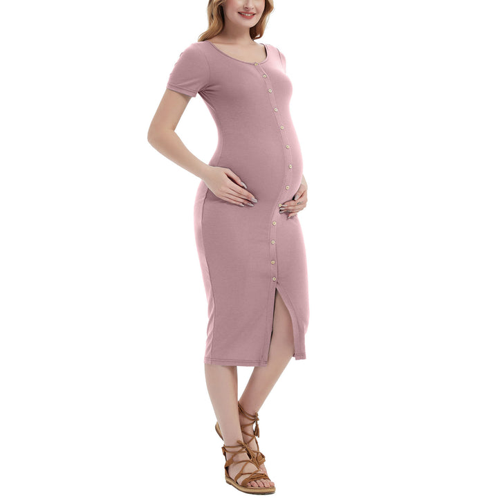 Short Sleeve Front Slit Summer Maternity Dress in Button Down