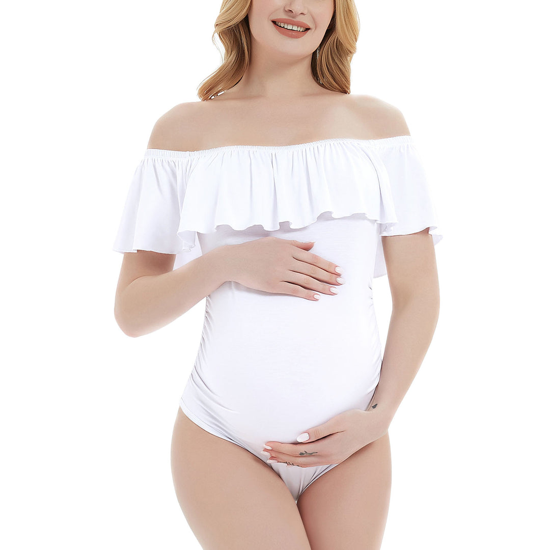 Stylish Off Shoulder Maternity Bodysuit with Ruffles