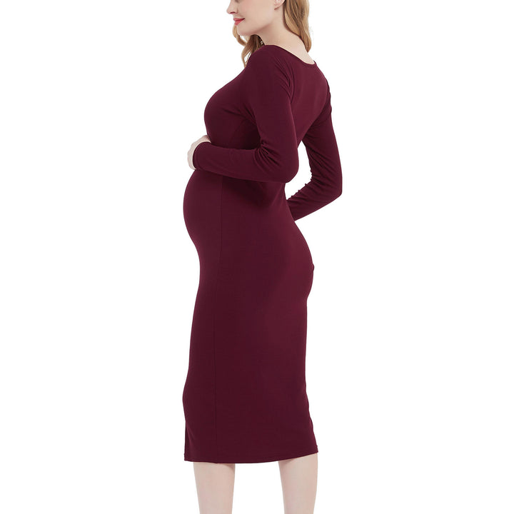 Long Sleeve Button Down Maternity Dress in Front Slit