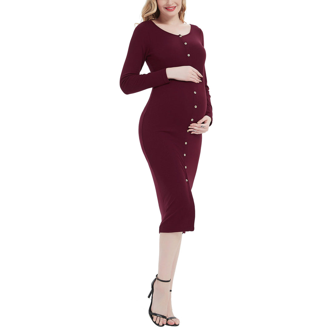Long Sleeve Button Down Maternity Dress in Front Slit