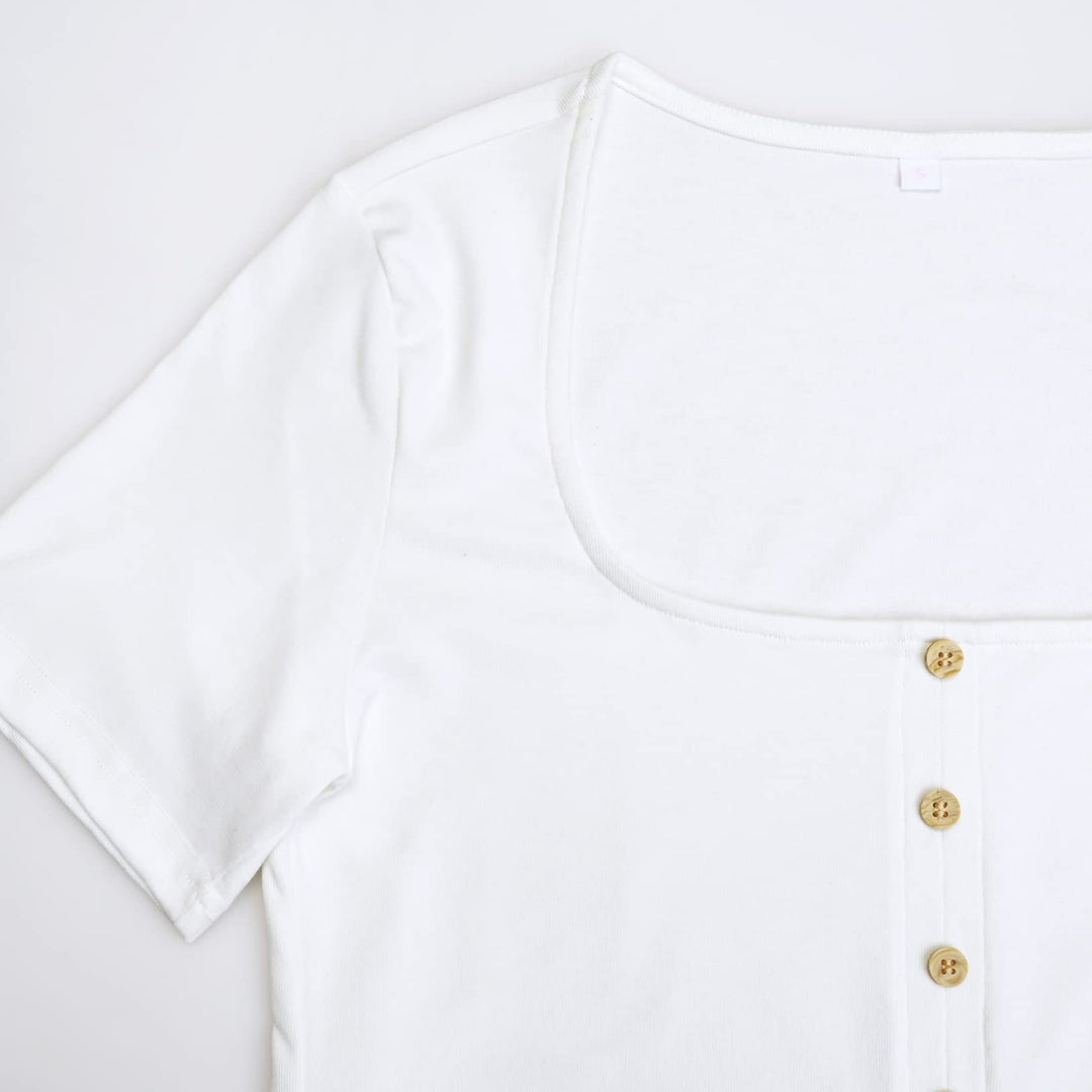 Square Neck Short Sleeves Maternity Top with Front Buttons