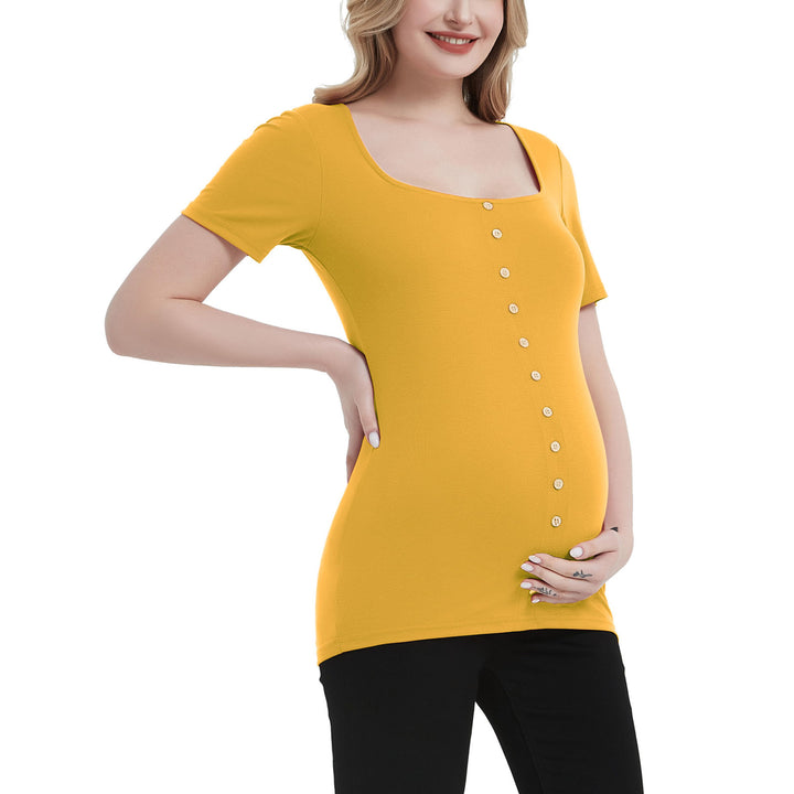 Square Neck Short Sleeves Maternity Top with Front Buttons