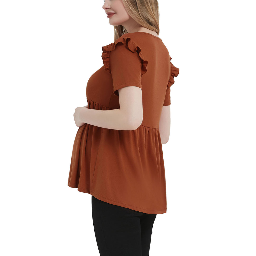 Round Neck Ruffle Sleeve Maternity Tee with Buttons