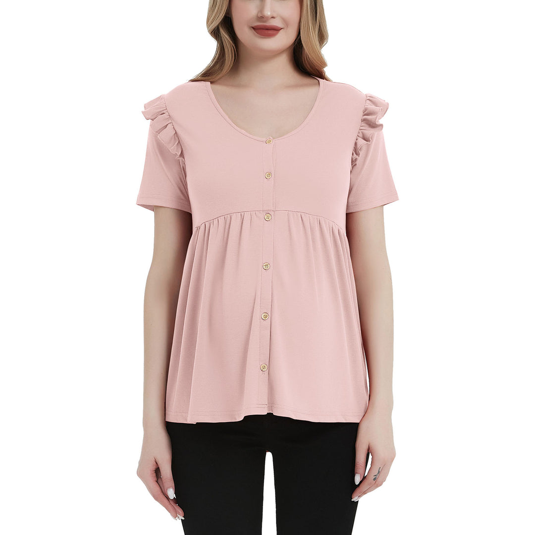 Round Neck Ruffle Sleeve Maternity Tee with Buttons