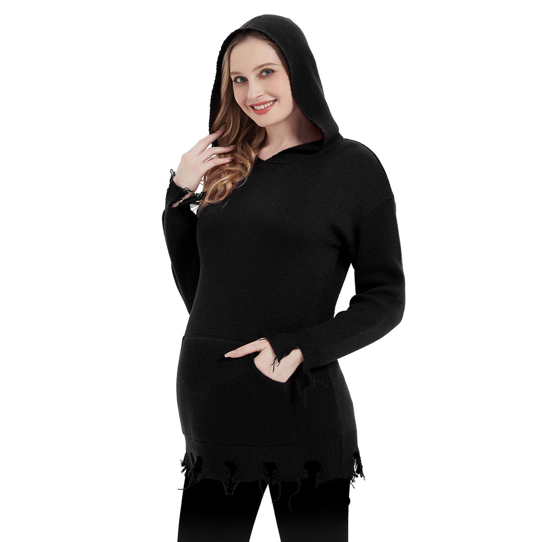 Long Sleeve Hooded Sweater in Jagged Hem Design