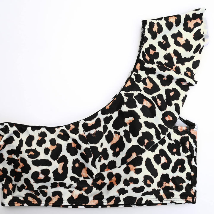 Leopard Pattern One Shoulder Ruffled Two Pieces Bikini Set