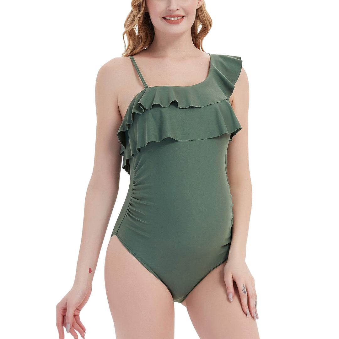 Fashionable One Strap One Shoulder Maternity Swimsuits with Ruffles