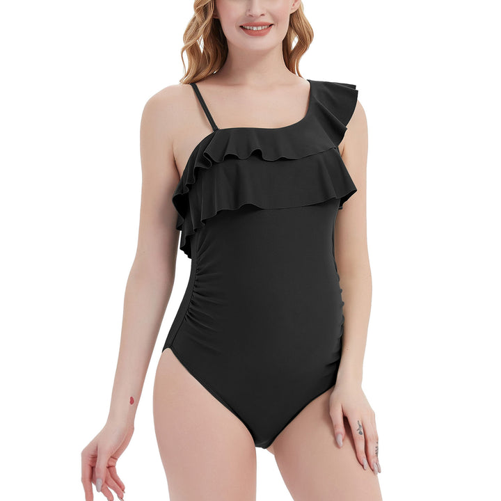 Fashionable One Strap One Shoulder Maternity Swimsuits with Ruffles