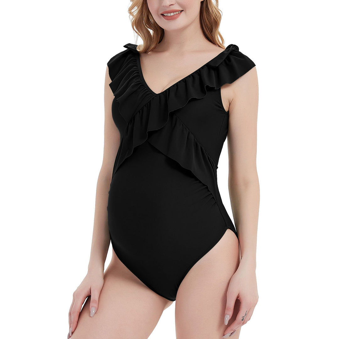Adorable Shoulder Bowtie Maternity One Piece Swimsuit with V Neck and Ruffles