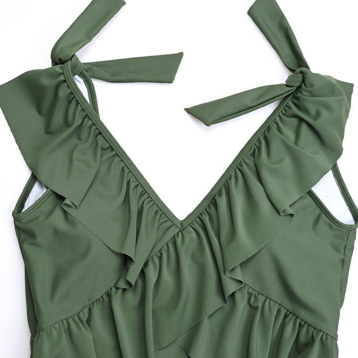 Adorable Shoulder Bowtie Maternity One Piece Swimsuit with V Neck and Ruffles