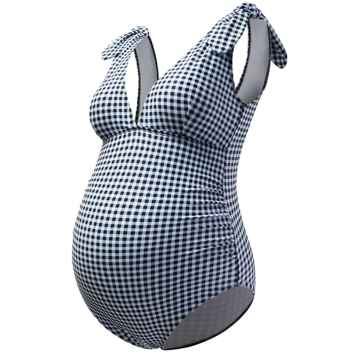 Plaid Pattern Sleeveless Tie Shoulder Maternity Swimsuit