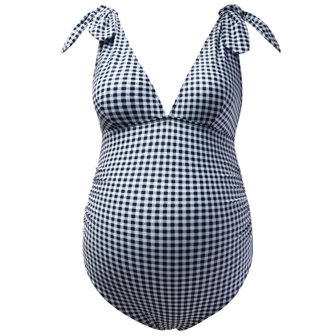 Plaid Pattern Sleeveless Tie Shoulder Maternity Swimsuit