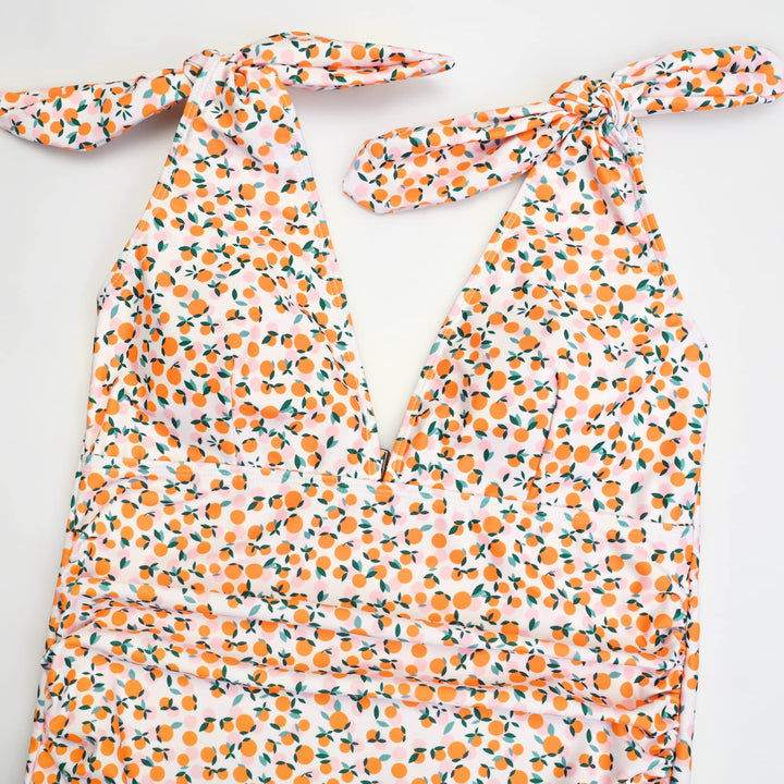 Adorable Orange Pattern Sleeveless Tie Shoulder Maternity One Piece