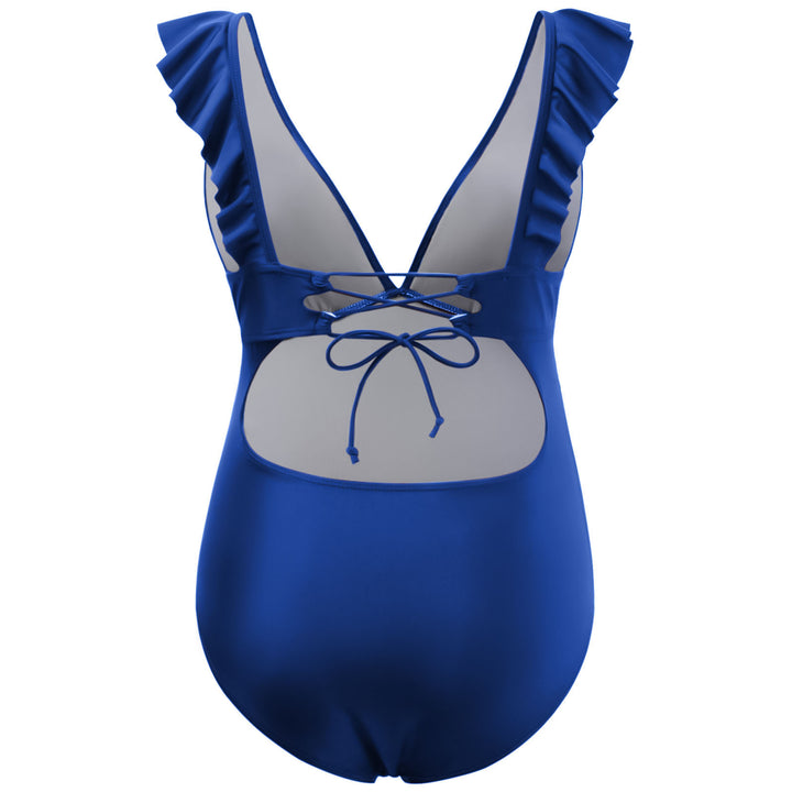 Elegant Deep V-neck Maternity Backless Swimsuit with Ruffles Design