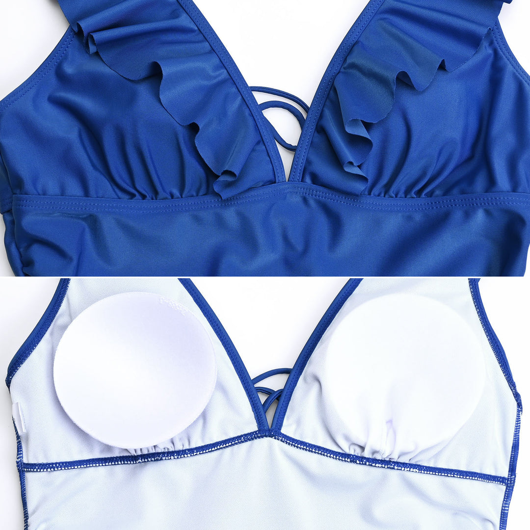 Elegant Deep V-neck Maternity Backless Swimsuit with Ruffles Design