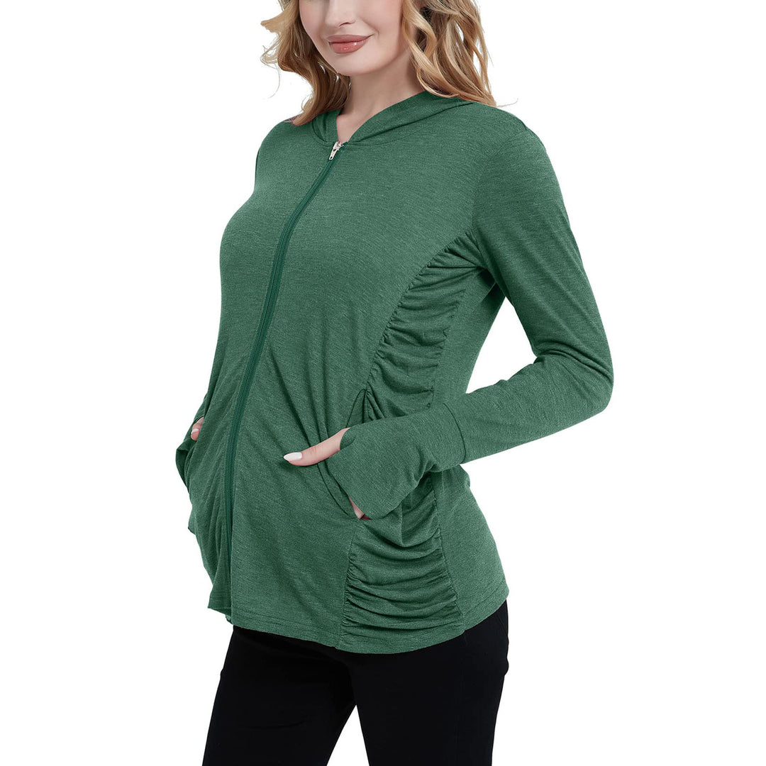 Full Zip Long Sleeve Maternity Hoodie Sweatshirts with Pockets