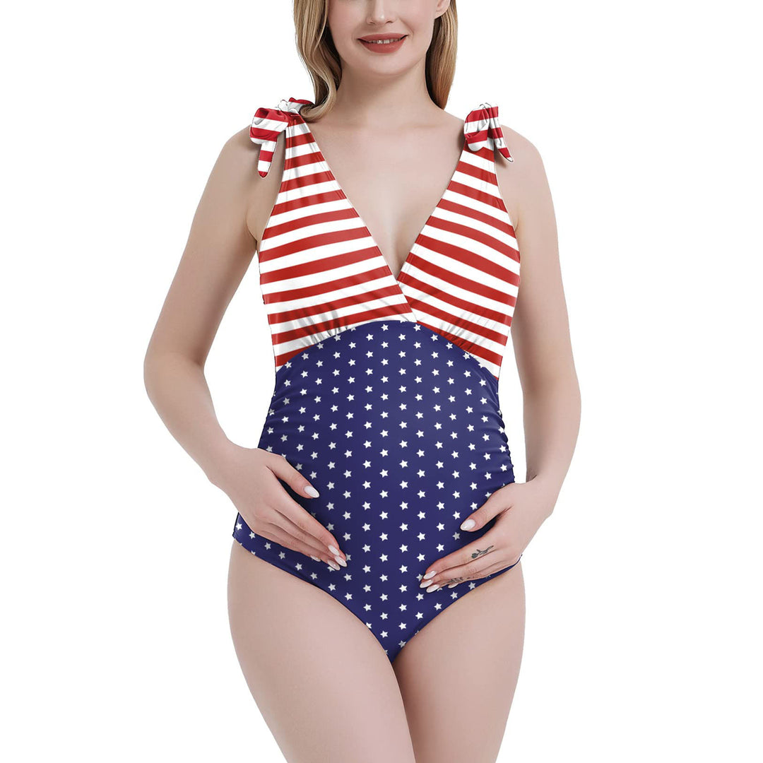 USA Flag V Neck Maternity Side Ruch Monokini Swimwear