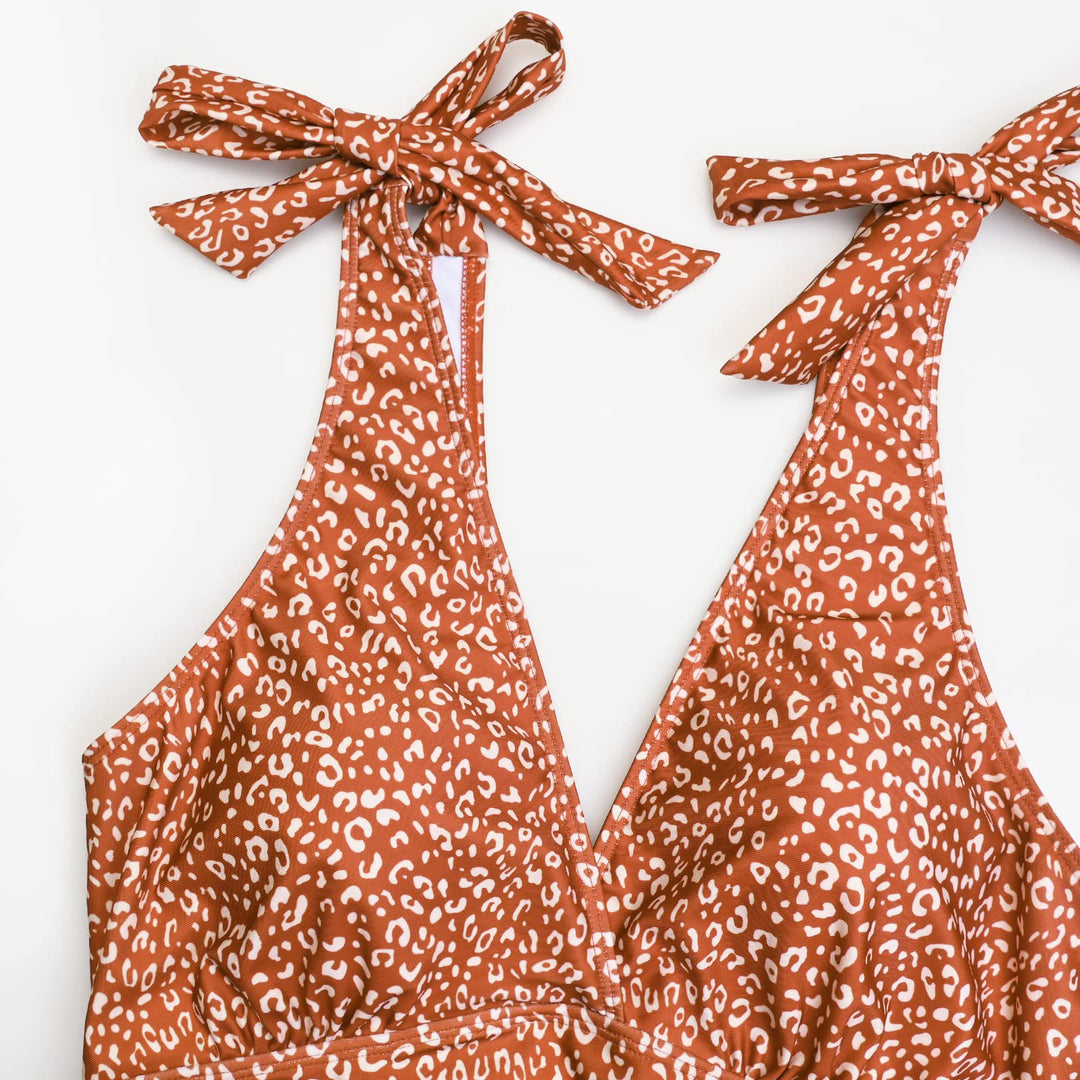 Orange Leopard Pattern V Neck Maternity Side Ruch Monokini Swimwear