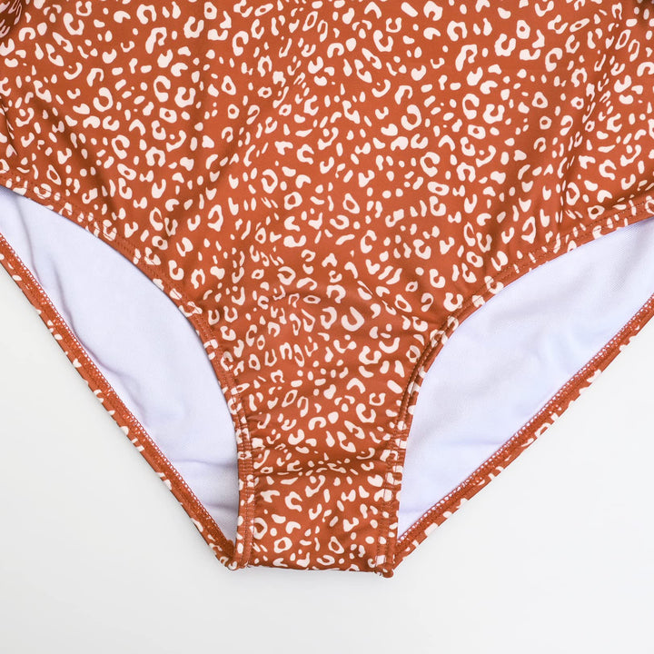 Orange Leopard Pattern V Neck Maternity Side Ruch Monokini Swimwear