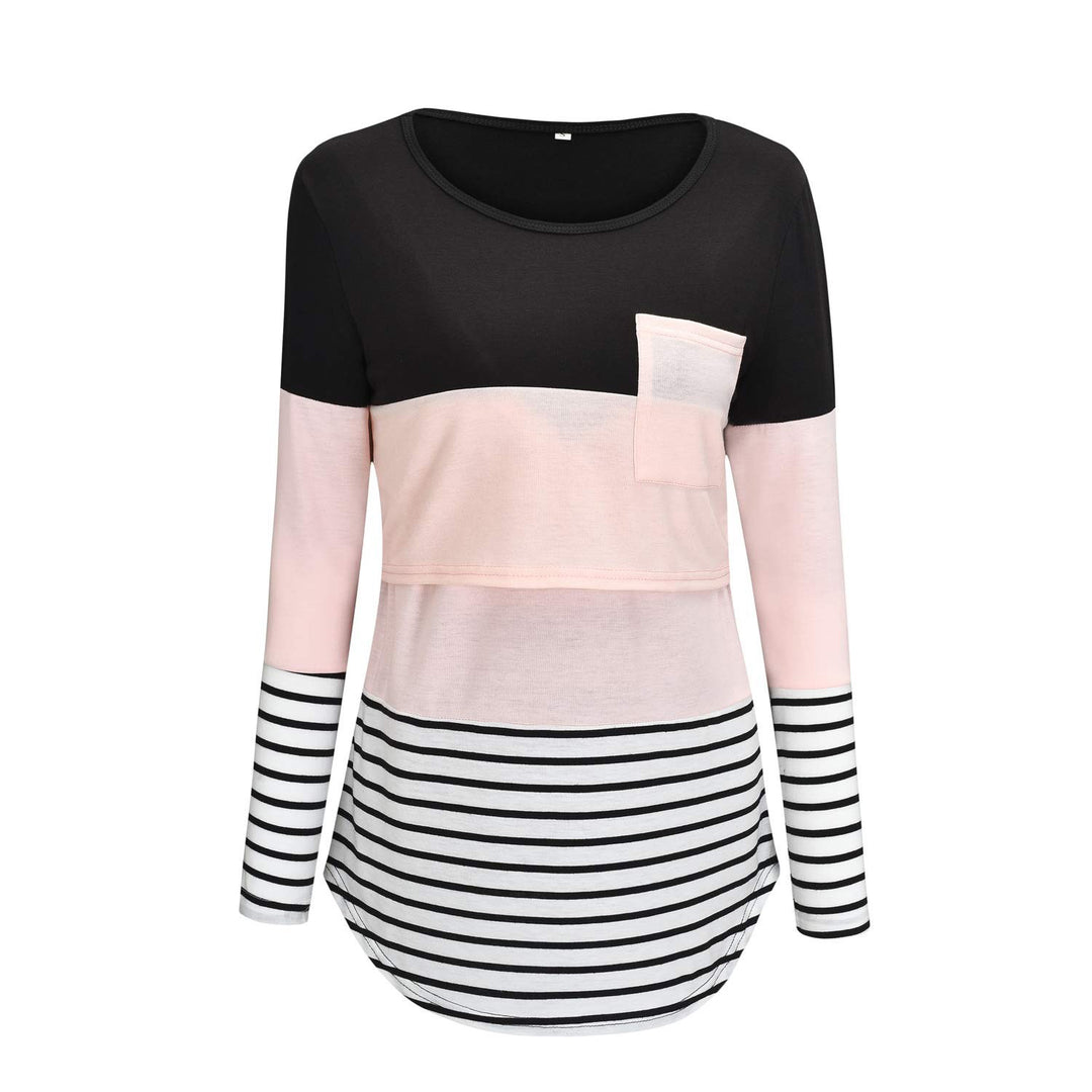 Stylish Colorblock & Striped Nursing Top in Long Sleeves